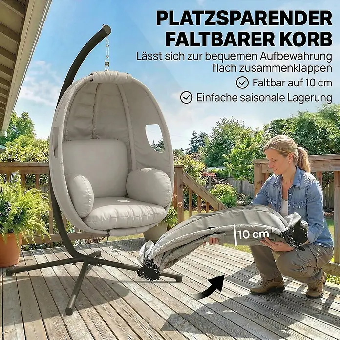 Outsunny Hängesessel - Stahl, Hellgrau, Schwarz - Eine Frau faltet einen hellgrauen Outdoor-Hängesessel auf einer Terrasse. Er lässt sich flach zusammenklappen, um Platz zu sparen, und zeigt seine 10 cm Faltstärke.