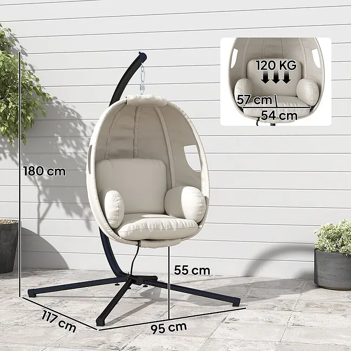 Outsunny Hängesessel - Stahl, Hellgrau, Schwarz - Cremefarbener Eier-Hängesessel mit schwarzem Gestell, 180cm hoch, 120kg Tragkraft, auf einer Terrasse.