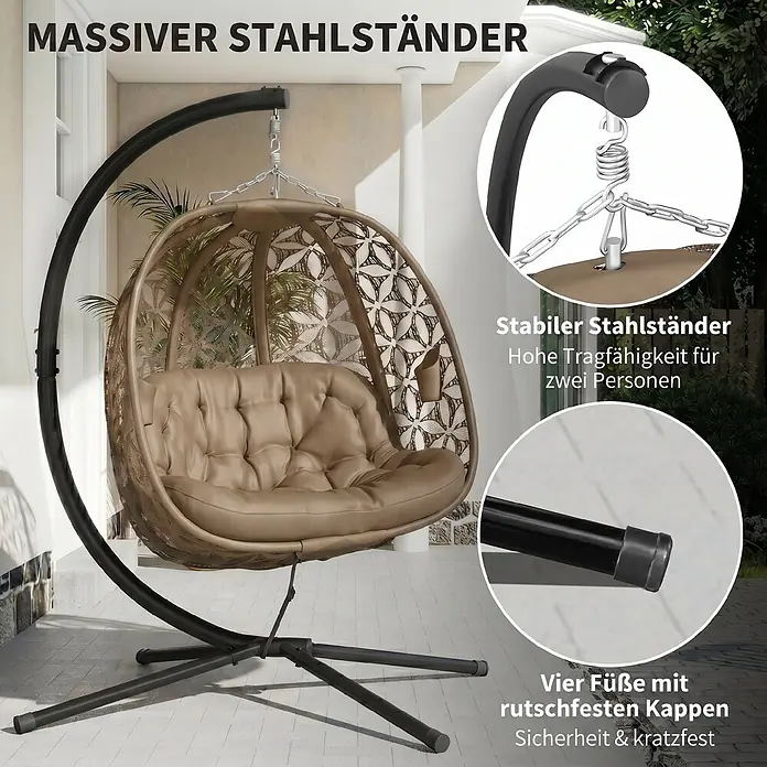 Outsunny Hängesessel - L x B x H: 126 x 126 x 176 cm, Sand, Schwarz - Brauner Hängesessel mit massivem schwarzem Stahlständer und rutschfesten Füßen auf einer Terrasse.
