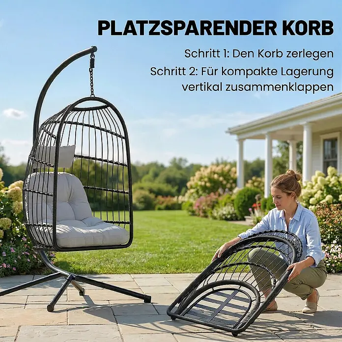 Outsunny Hängesessel - Metall, Hellgrau - Schwarzer Hänge-Eierstuhl mit Kissen, montiert auf einer Terrasse und von einer Frau zur kompakten Lagerung gefaltet.