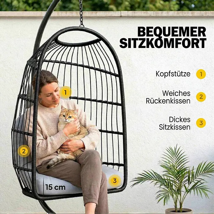Outsunny Hängesessel - Metall, Hellgrau - Schwarzer Hängesessel aus Geflecht mit grauen Kissen, bietet bequemen Sitzkomfort. Eine Person sitzt mit Katze darin.