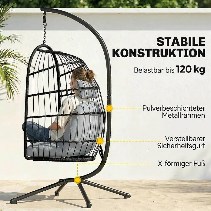 Outsunny Hängesessel - Metall, Hellgrau - Schwarzer Hänge-Eiersessel mit grauen Kissen, pulverbeschichtetem Metallrahmen und X-förmigem Fuß, von Person genutzt. Bis 120 kg belastbar.