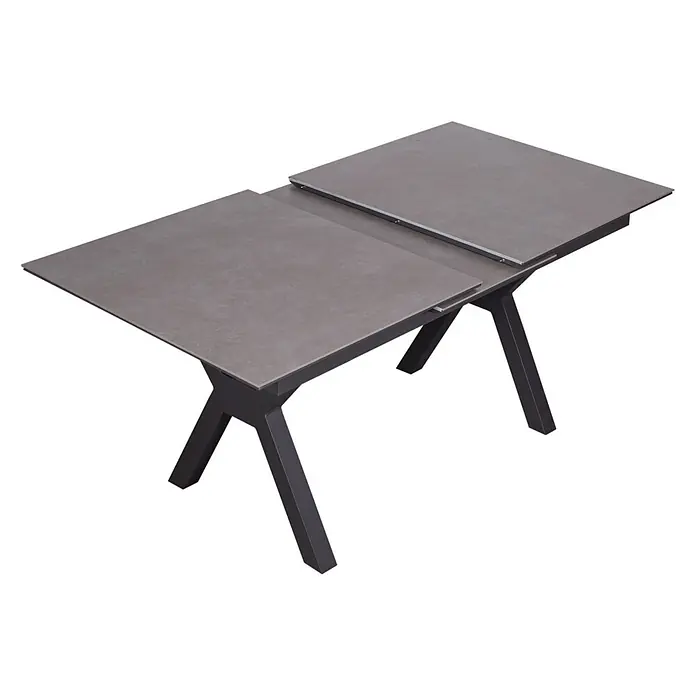 Bene Living Gartentisch Granada - L x B x H: 210 x 90 x 76 cm, Aluminium Gestell mit gesinnerter Tischplatte aus Keramik, Rechteckig, Anthrazit - Ausziehbarer Esstisch mit grauer Platte und dunklen X-förmigen Beinen, teilweise ausgezogen dargestellt.
