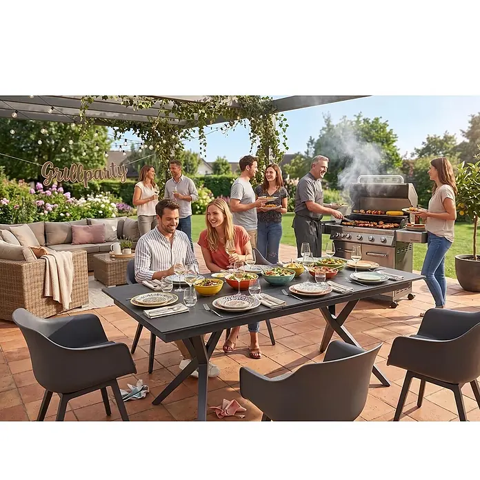 Bene Living Gartentisch Valor - Aluminium Gestell mit gesinnerter Tischplatte aus Keramik, Rechteckig, Anthrazit - Dunkelgrauer Gartentisch mit X-Beinen und Stühlen.