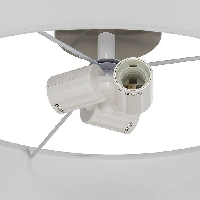 Lindby Textil Deckenleuchte rund 50 cm, Deckenlampe Stoff cremeweiß -  - Drei weiße E27 LED MAX 15W Glühbirnenfassungen in einem weißen Stofflampenschirm mit Metallrahmen.