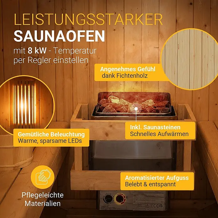 Artsauna Fasssauna Spitzbergen - Holz, L x B x H: 190 x 185 x 220 cm - Leistungsstarker 8 kW Saunaofen in einer Fichtenholzsauna, mit Bedienfeld und glühenden Saunasteinen.
