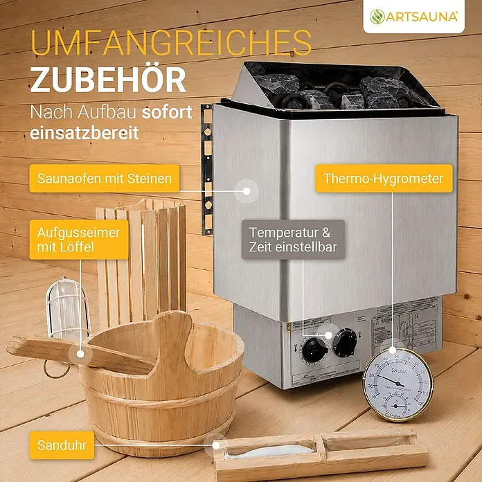 Artsauna Fasssauna Spitzbergen - Holz, L x B x H: 190 x 185 x 220 cm - Umfangreiches Saunazubehör auf Holzgrund: Edelstahl-Ofen mit Steinen, Holzeimer mit Schöpfkelle, Thermo-Hygrometer und Sanduhr.