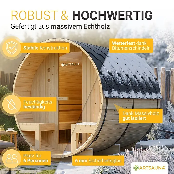 Artsauna Fasssauna Spitzbergen - Holz, L x B x H: 190 x 185 x 220 cm - Eine robuste, wetterfeste Holzfasssauna mit dunklem Schindeldach, für den Außenbereich und 6 Personen, in winterlicher Landschaft.