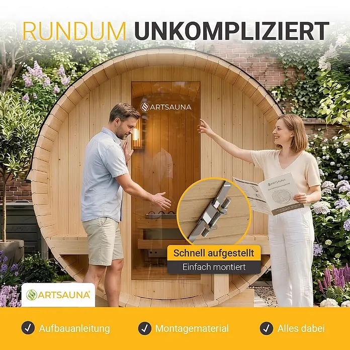 Artsauna Fasssauna Spitzbergen - Holz, L x B x H: 190 x 185 x 220 cm - Ein Paar demonstriert hölzerne Fasssauna mit Glastür im Garten, betont einfache Montage und enthaltenes Material.