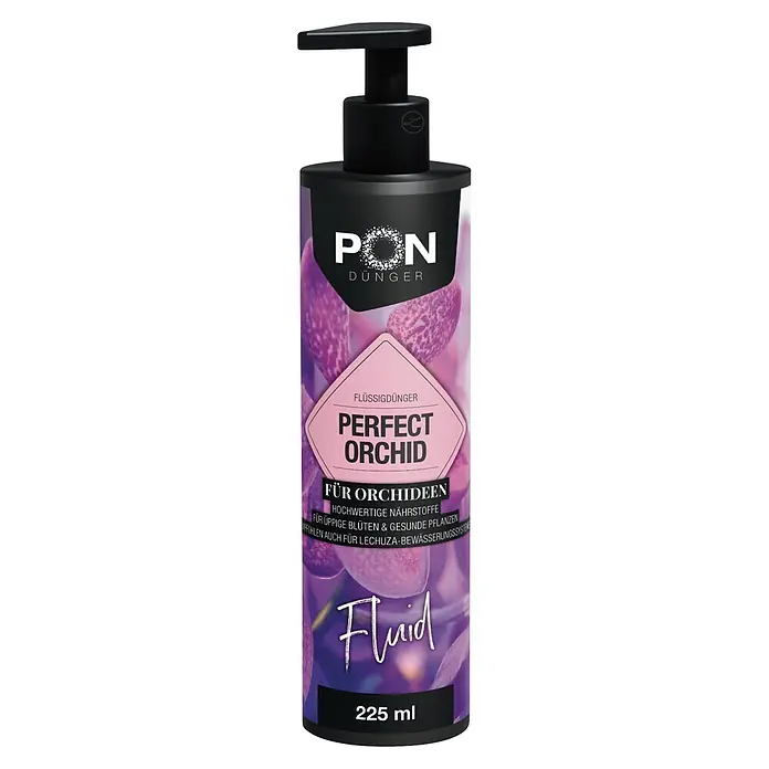 Lechuza Orchideendünger Perfect Orchid Pumpflasche - 225 ml - Schwarze Pumpflasche „Perfect Orchid“ Flüssigdünger mit lila Orchideenmotiv, 225 ml.