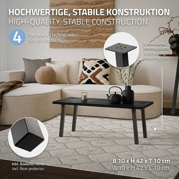 ML-Design Tischgestell 4er Set Tischkufen schräg Möbelfüße und aus Stahl I-Form - Traglast: 500 kg, Stahl - Set aus 4 schwarzen, quadratischen Metall-Tischbeinen, 42cm hoch, mit 4mm Montageplatte und Bodenschonern.