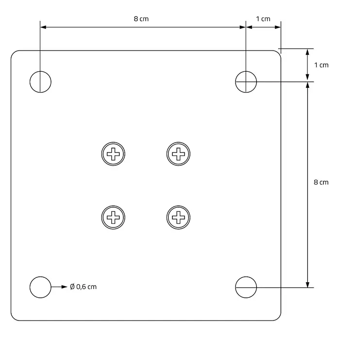 ML-Design Tischgestell 4er Set Tischkufen I-Design Möbelfüße und aus Stahl - L x B x H: 10 x 10 x 42 cm, Traglast: 500 kg, Stahl - Quadratische Montageplatte (10x10 cm) mit vier Ecklöchern (Ø 0,6 cm) und vier mittigen Kreuzschlitz-Schraublöchern, bemaßt.