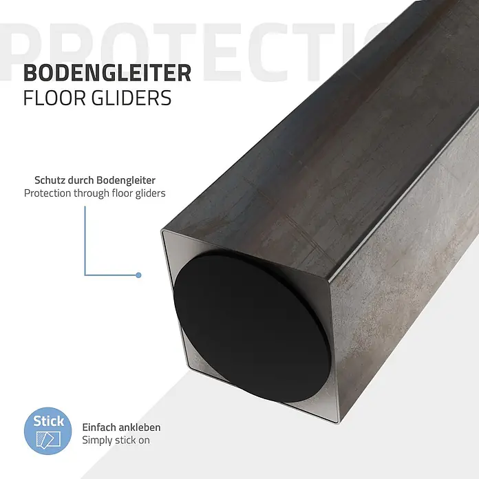 ML-Design Tischgestell Bankkufen I-Design 30cm Industrial glänzend Möbelbeine 96° Neigung - Stahl - Schwarzer runder Bodengleiter an einem quadratischen Metallbein, zeigt die Klebeanbringung.