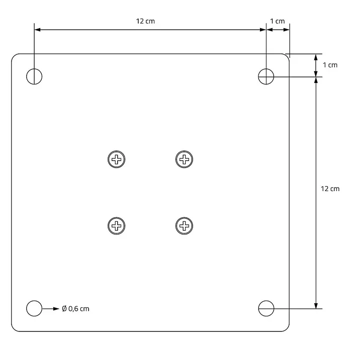 ML-Design Tischgestell 4er Set Tischkufen I-Design Möbelfüße und aus Stahl - L x B x H: 14 x 14 x 42 cm, Traglast: 500 kg, Stahl - Technische Zeichnung einer 12x12 cm quadratischen Platte mit vier Eckbohrungen (0,6 cm Durchmesser, 1 cm vom Rand) und vier zentralen Schraubpositionen.