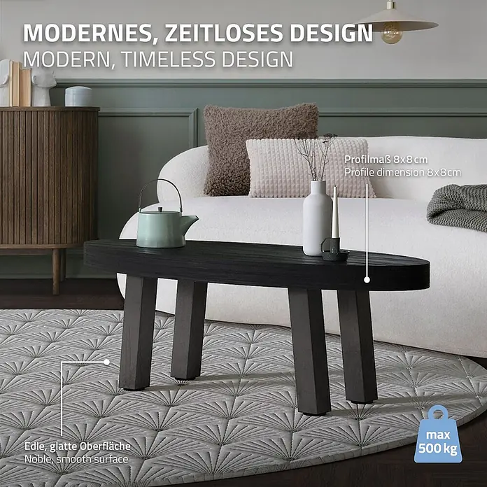 ML-Design Tischgestell Bankkufen I-Design 42cm Industrial glänzend Möbelbeine 96° Neigung - Traglast: 500 kg, Stahl - Dunkelbrauner ovaler Couchtisch mit robusten 8x8cm Beinen, glatter Oberfläche und 500kg Traglast, in modernem Wohnzimmer.