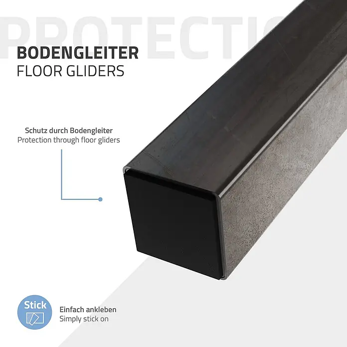ML-Design Tischgestell 4er Set Tischkufen schräg Möbelfüße und aus Stahl I-Form - Traglast: 500 kg, Stahl - Schwarzer selbstklebender Bodengleiter an einem dunklen, rechteckigen Metallprofil, bietet Bodenschutz.