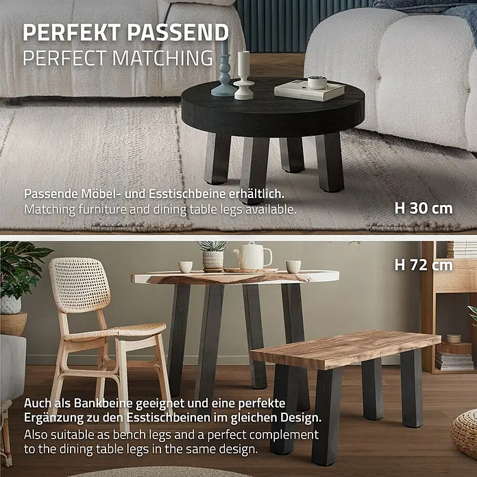 ML-Design Tischgestell Bankkufen I-Design 42cm Industrial glänzend Möbelbeine 96° Neigung - Traglast: 500 kg, Stahl - Passende dunkle Möbelbeine für Couchtische (30 cm) und Esstische/Bänke (72 cm) im gleichen Design.