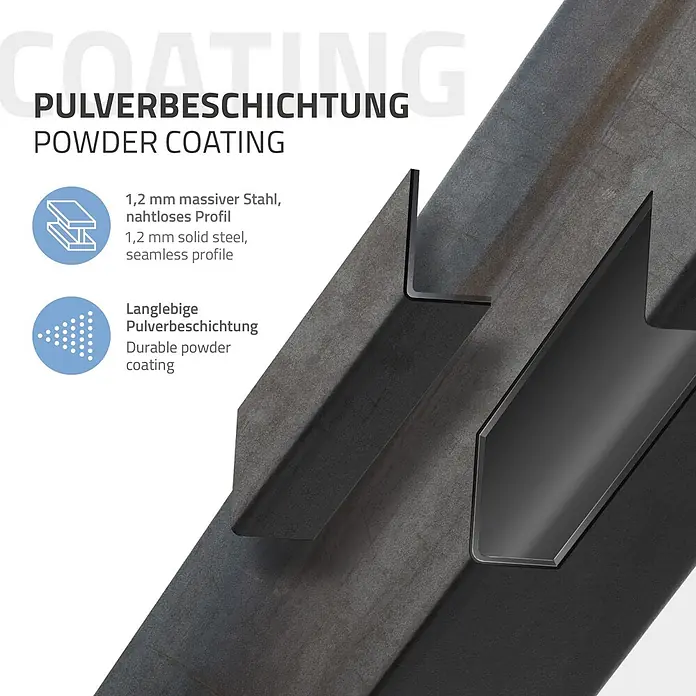 ML-Design Tischgestell 4er Set Tischkufen schräg Möbelfüße und aus Stahl I-Form - Traglast: 500 kg, Stahl - Zwei Stahlprofile, eines roh und eines schwarz pulverbeschichtet, die massive Stahlkonstruktion und Beschichtung zeigen.