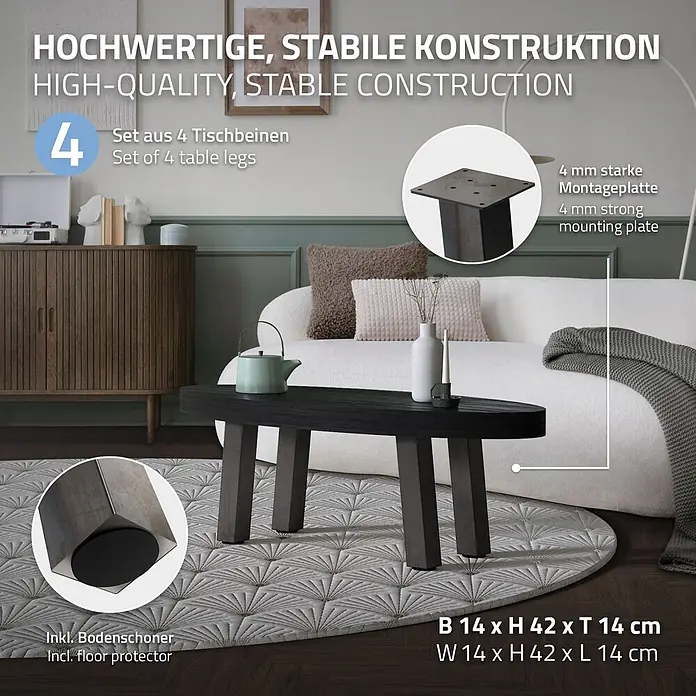 ML-Design Tischgestell Bankkufen I-Design 42cm Industrial glänzend Möbelbeine 96° Neigung - Traglast: 500 kg, Stahl - Dunkle Metall-Tischbeine mit Bodenschonern, Teil eines Couchtisches im Wohnzimmer.