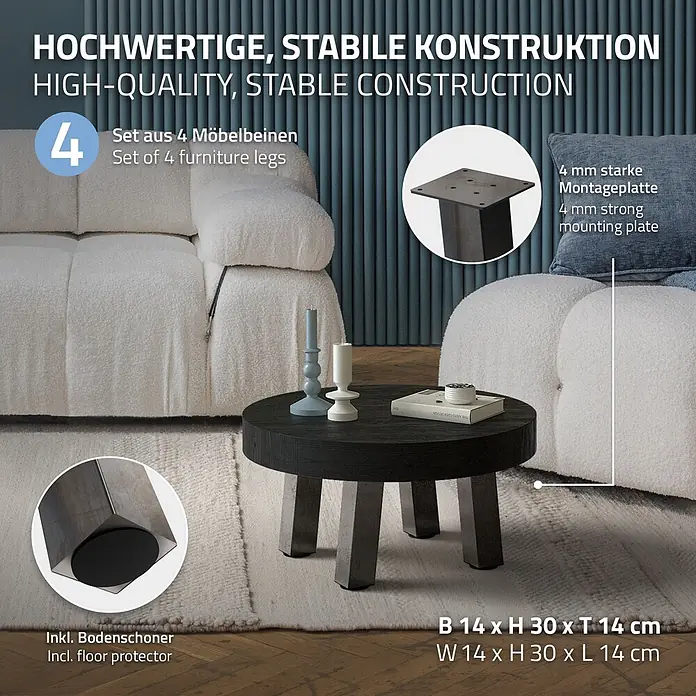 ML-Design Tischgestell Bankkufen I-Design 30cm Industrial glänzend Möbelbeine 96° Neigung - Stahl - Set aus 4 dunklen Metallmöbelbeinen mit 4mm Montageplatten und Bodenschonern, die einen runden Couchtisch in einem modernen Wohnzimmer stützen.
