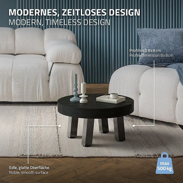 ML-Design Tischgestell Bankkufen I-Design 30cm Industrial glänzend Möbelbeine 96° Neigung - Stahl - Runder, dunkler Couchtisch mit dicken Beinen, neben einem Sofa.