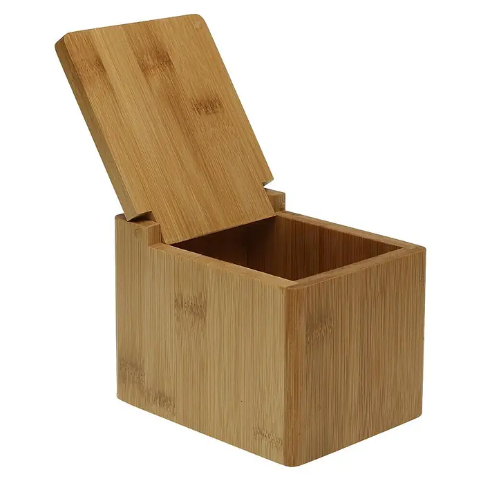 Versa Salero - Bambú, Marrón - Caja de bambú abierta con tapa abatible, mostrando su veta de madera natural.