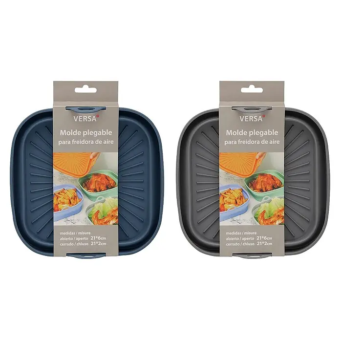 Versa Molde para airfryer - L x An: 21 x 21 cm, 1 ud. - Dos moldes plegables de silicona para freidora de aire, azul oscuro y gris oscuro, con etiquetas que muestran su uso.