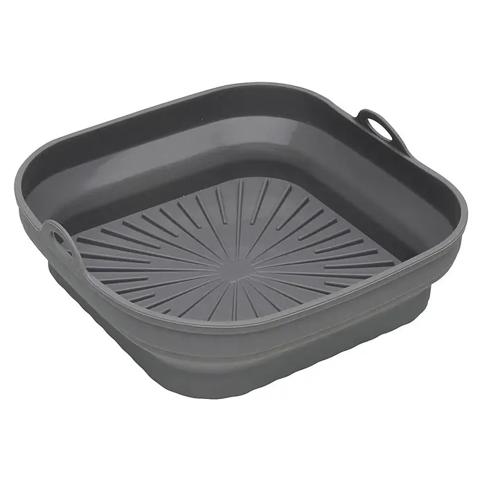 Versa Molde para airfryer - L x An: 21 x 21 cm, 1 ud. - Cesta gris plegable de silicona para freidora de aire, con base texturizada y asas laterales.