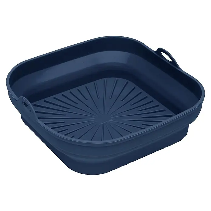 Versa Molde para airfryer - L x An: 21 x 21 cm, 1 ud. - Revestimiento cuadrado de silicona azul oscuro para freidora de aire con fondo estriado y asas laterales.