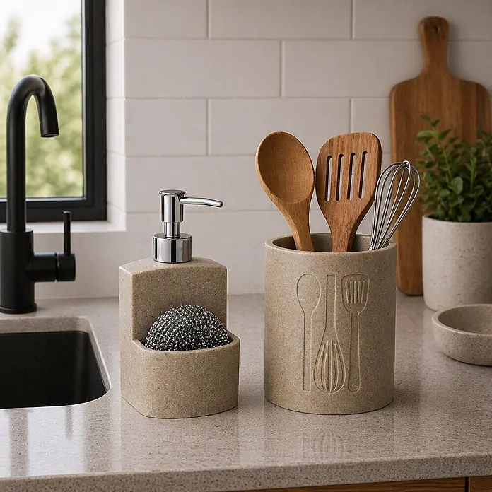 Versa Dispensador de jabón con estropajo - L x An x Al: 8,7 x 8,7 x 18 cm, Beige - Dispensador de jabón beige moteado con soporte para estropajo y recipiente a juego con utensilios de madera en encimera.