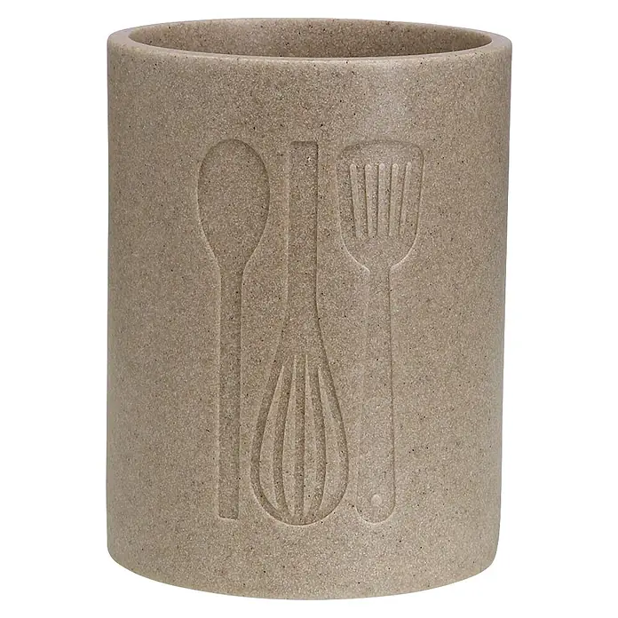 Versa Portacepillos portautensilios grande - Ø x Al: 13 x 17,5 cm, Beige, Resinas - Soporte cilíndrico beige claro moteado para utensilios, con diseños en relieve de cuchara, batidor y espátula.
