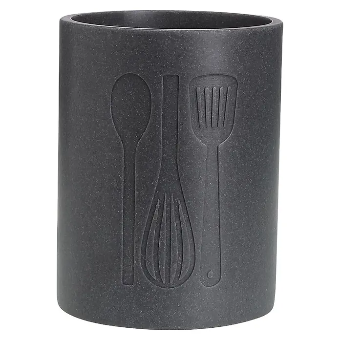Versa Portacepillos portautensilios grande - Ø x Al: 13 x 17,5 cm, Negro, Resina - Soporte cilíndrico gris oscuro salpicado para utensilios de cocina con diseños en relieve de cuchara, batidor y espátula.
