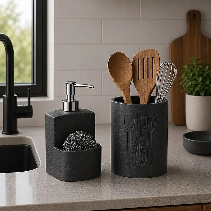 Versa Portacepillos portautensilios grande - Ø x Al: 13 x 17,5 cm, Negro, Resina - Dispensador de jabón gris oscuro con soporte para estropajo y recipiente a juego para utensilios en encimera de cocina.