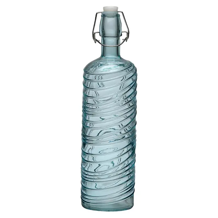 Versa Botella - 1 l, Vidrio, Azul turquesa - Botella de vidrio transparente con tapón de balancín blanco y textura espiral única.