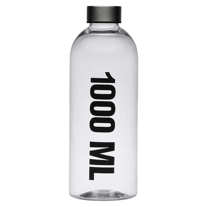 Versa Botella - 1 l, Polietileno, Incoloro - Botella de agua transparente con tapón gris oscuro y "1000 ML" impreso verticalmente en negro.