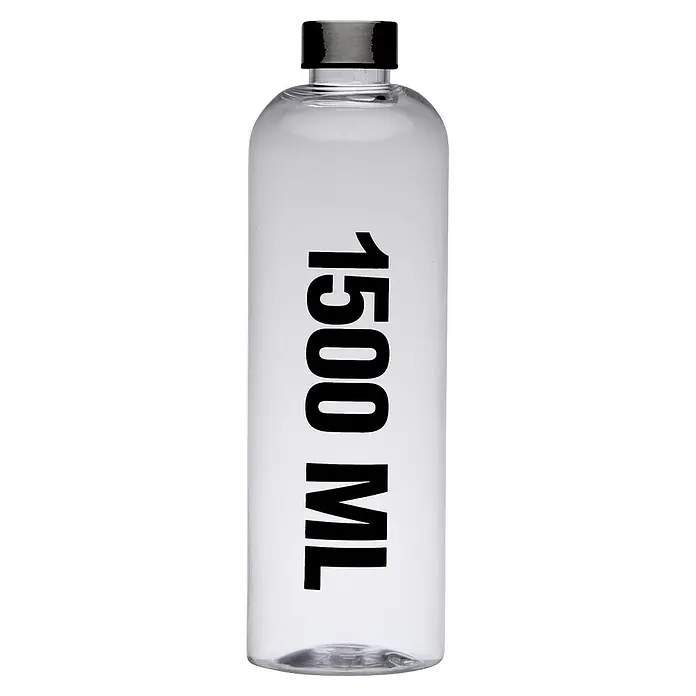 Versa Botella - 1,5 l, Polietileno, Incoloro - Botella de agua transparente de 1500 ML con tapón negro y plateado.