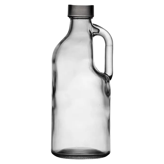 Versa Botella con asa - 1,1 l, Vidrio, Incoloro - Botella de cristal transparente con asa y tapón de metal oscuro.