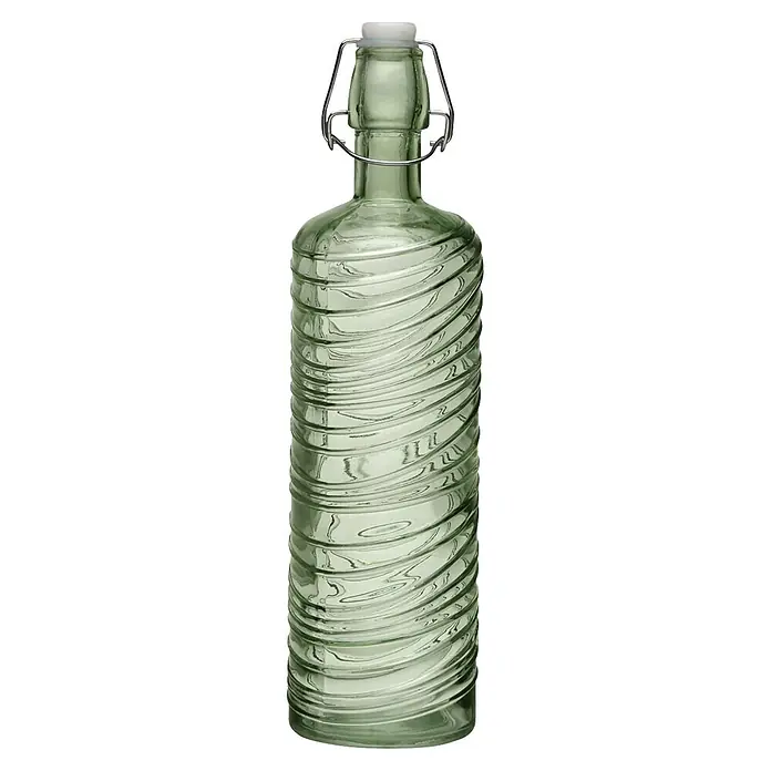 Versa Botella - 1 l, Vidrio, Verde - Botella de vidrio verde con tapón mecánico y distintiva textura acanalada en espiral.
