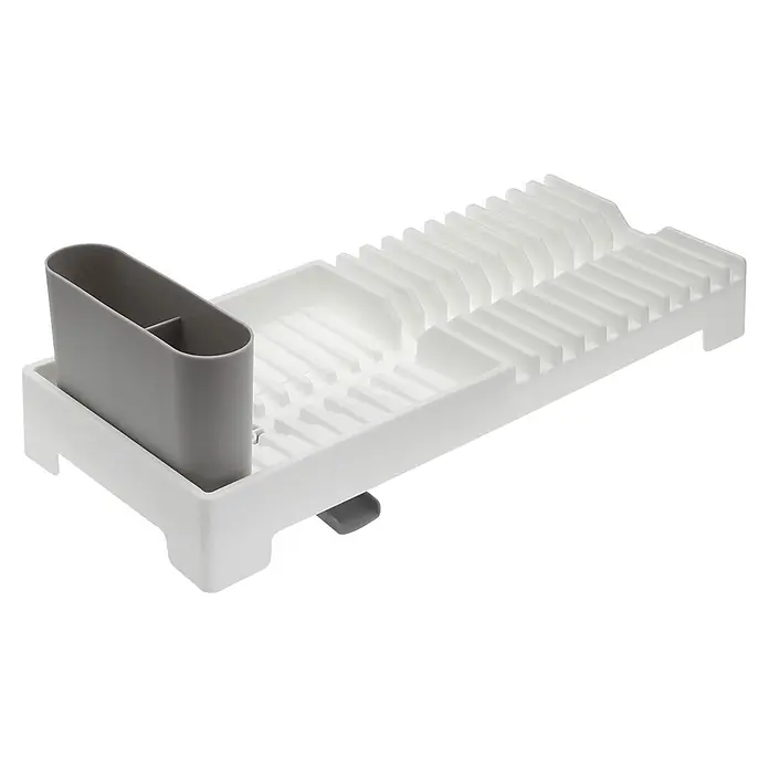 Versa Escurreplatos - L x An x Al: 19 x 46 x 13,5 cm, Polipropileno, Blanco y gris - Escurreplatos de plástico blanco con soporte gris integrado para cubiertos.