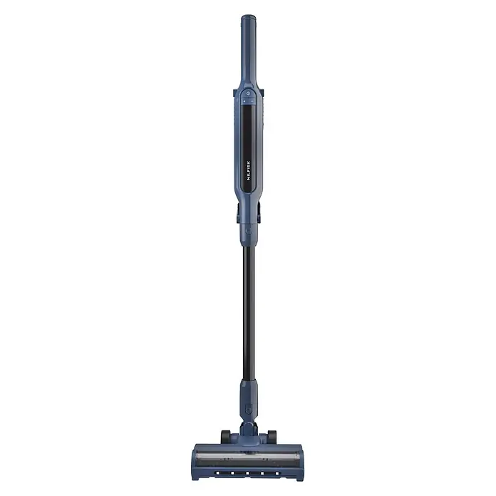 Nilfisk Aspirador de batería Move - 150 W, Volumen de recipiente: 0,2 l, Negro, Con soporte de pared - Aspiradora de escoba azul con mango negro y cabezal de cepillo, mostrada en vertical.