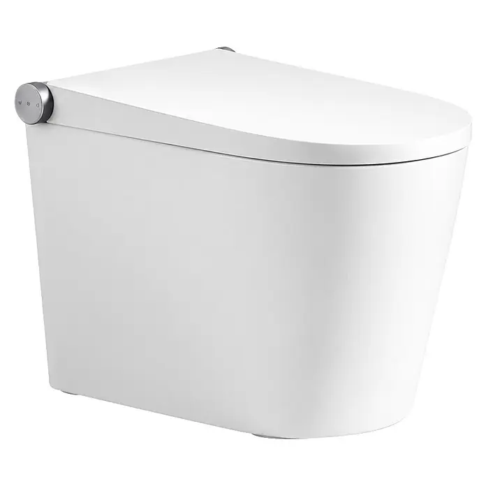 Taza de WC Japonés Smart Beta - Sin borde de descarga, Salida WC: Vertical, Blanco - Inodoro bidet blanco moderno con diseño elegante y perilla de control plateada en el lateral.