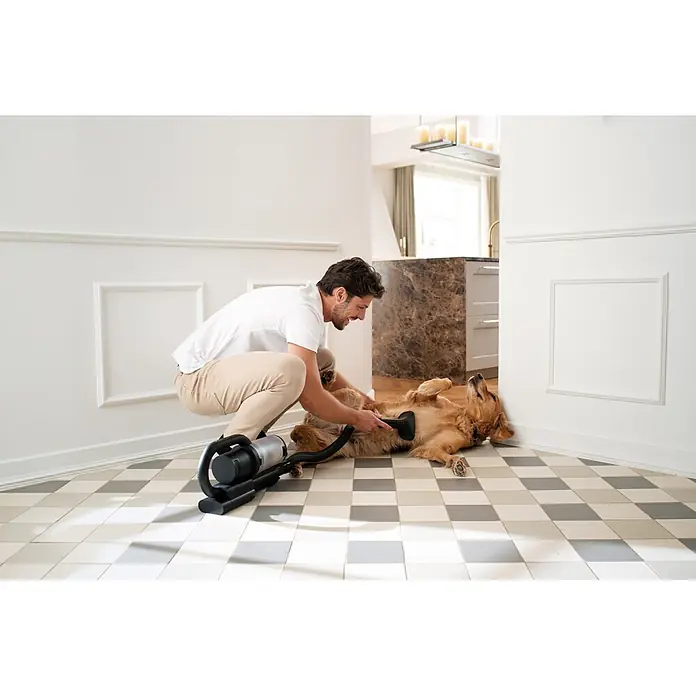 Nilfisk Aspirador de batería S1 Pet Care - 29,6 V, 1 batería, Volumen de recipiente: 0,7 l - Hombre cepilla su Golden Retriever con una aspiradora para el cuidado de mascotas negra y plateada.