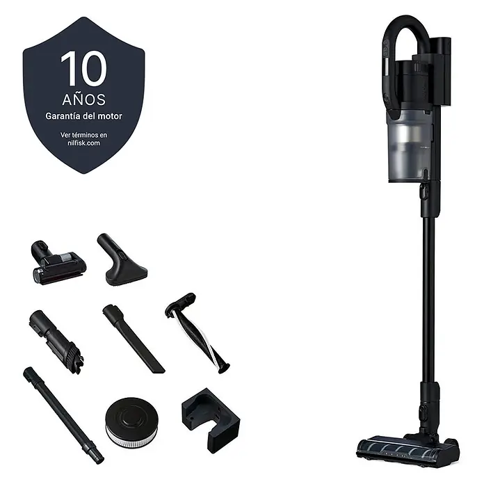Nilfisk Aspirador de batería S1 Pet Care - 29,6 V, 1 batería, Volumen de recipiente: 0,7 l - Aspiradora escoba sin cable negra con colector de polvo transparente, cabezal de suelo y múltiples accesorios de limpieza. Incluye 10 años de garantía de motor.