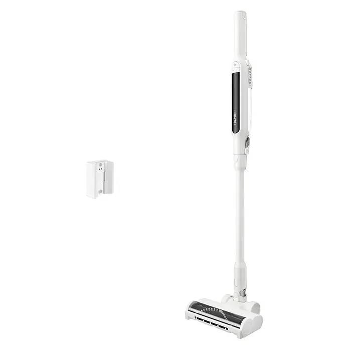 Nilfisk Aspirador de batería Move - 150 W, Volumen de recipiente: 0,2 l, Blanco, Con soporte de pared - Aspiradora de escoba sin cable blanca con estación de carga de pared.