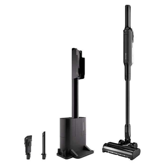 Nilfisk Aspirador de batería Move - 150 W, Volumen de recipiente: 0,2 l, Con base de carga - Conjunto de aspiradora escoba negra con estación de carga y dos accesorios.