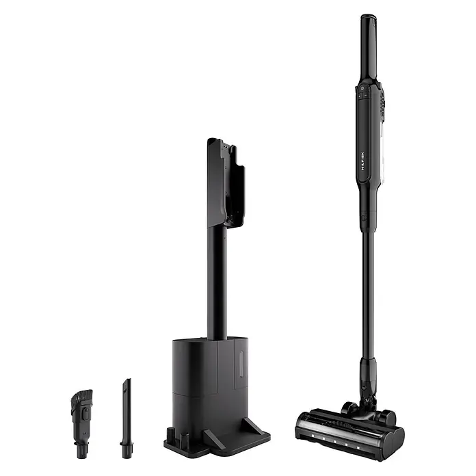 Nilfisk Aspirador de batería Move - 150 W, Volumen de recipiente: 0,2 l, Con base de carga - Aspirador escoba inalámbrico Nilfisk negro con base de carga y dos accesorios de limpieza: un cepillo y una boquilla para ranuras.