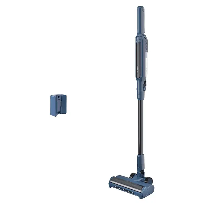 Nilfisk Aspirador de batería Move - 150 W, Volumen de recipiente: 0,2 l, Negro, Con soporte de pared - Aspiradora escoba azul y negra con detalles plateados, mostrada con su soporte de pared.