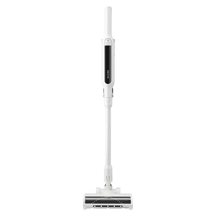 Nilfisk Aspirador de batería Move - 150 W, Volumen de recipiente: 0,2 l, Blanco, Con soporte de pared - Aspiradora escoba inalámbrica blanca, diseño vertical con pantalla negra y cabezal de limpieza abajo.
