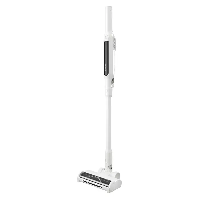 Nilfisk Aspirador de batería Move - 150 W, Volumen de recipiente: 0,2 l, Blanco, Con soporte de pared - Aspiradora escoba blanca con pantalla negra y cepillo para suelos, lista para usar.