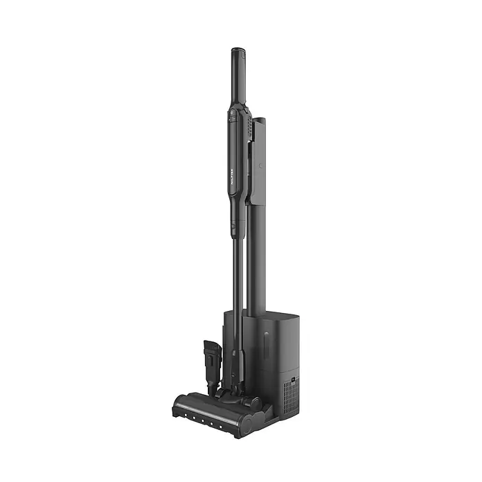 Nilfisk Aspirador de batería Move - 150 W, Volumen de recipiente: 0,2 l, Con base de carga - Aspiradora escoba sin cable negra con estación de carga y accesorios, de pie.